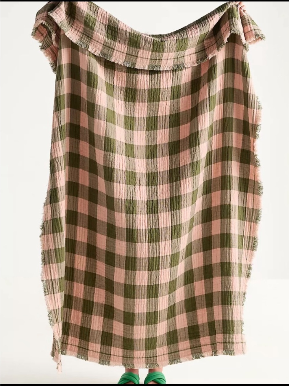Anthropologie Pink and Olive Green Buffalo Quaze Throw Blanket